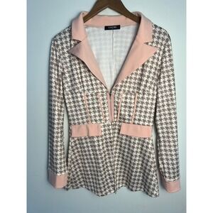 ChicMe Wm Med Brown Pink Houndstooth Corset Style Zip Front Blazer Top
